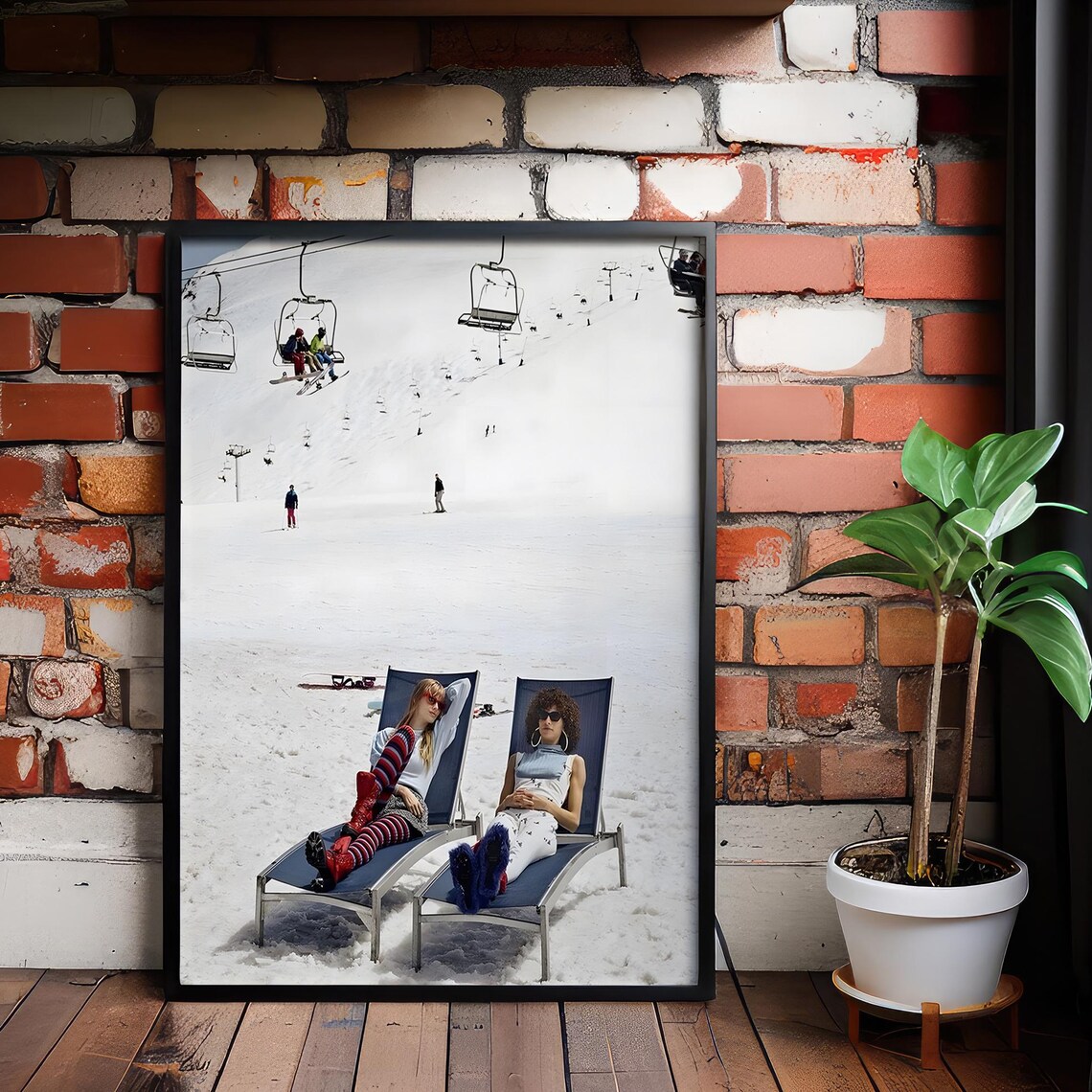 Ski Slope Deck Chairs Lounging Friends Winter Resort Photo Poster
