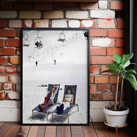 Ski Slope Deck Chairs Lounging Friends Winter Resort Photo Poster