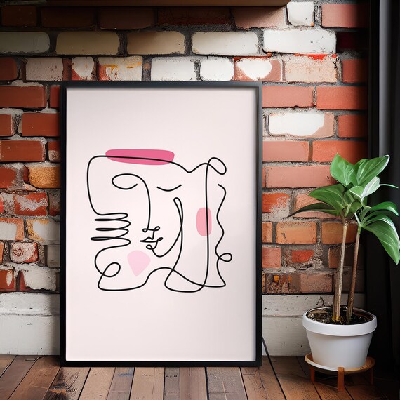 Abstract Face Line Art Print Minimalist Pink Accents Ready To Hang