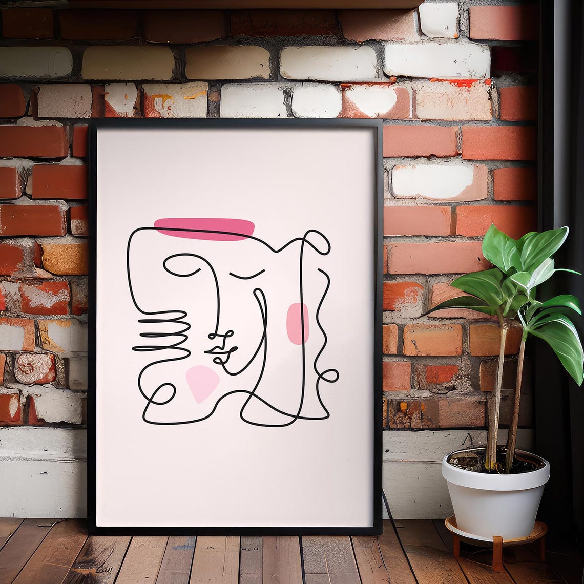 Abstract Face Minimal Line Drawing Pink Accent Modern Wall Art