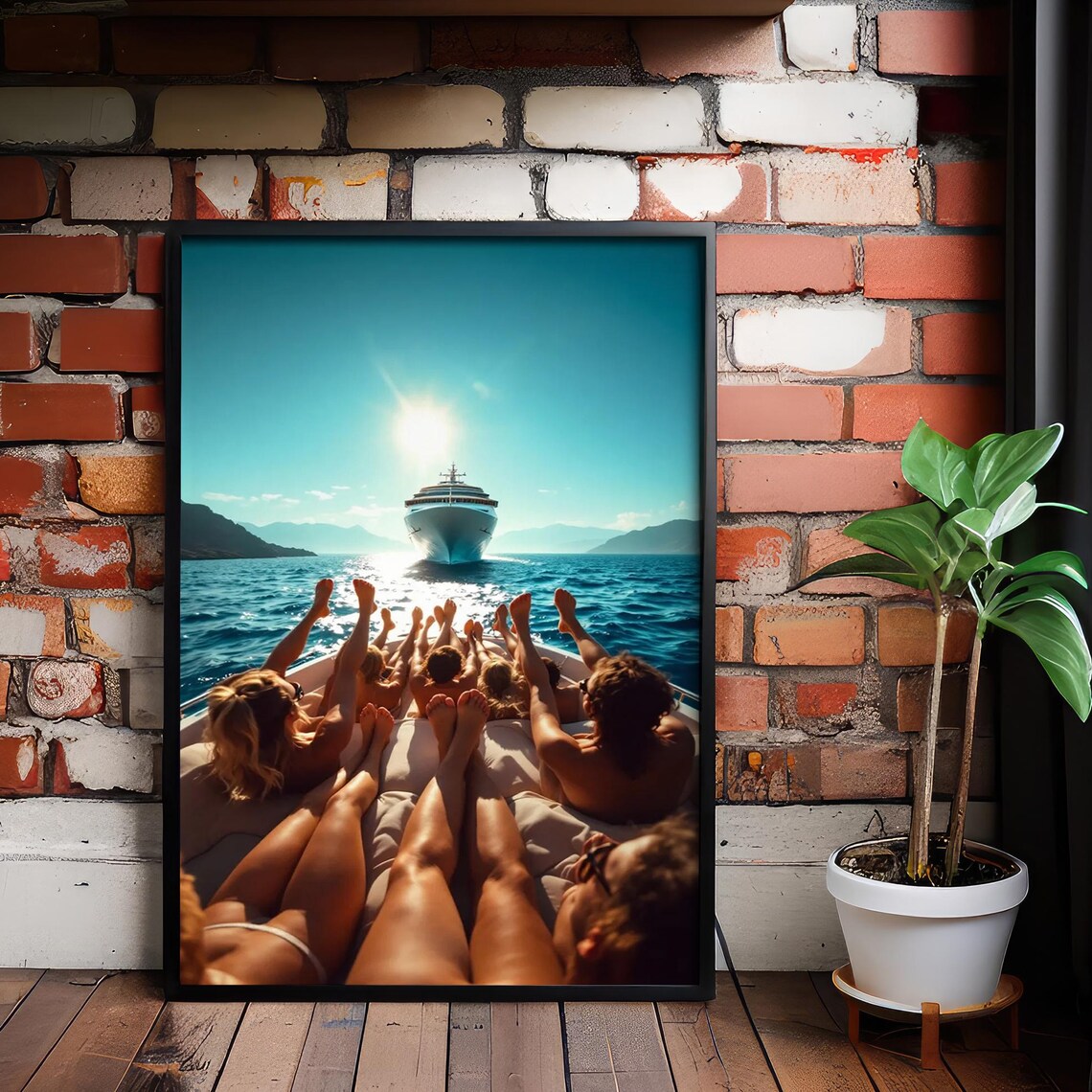 Luxury Cruise Ship Yacht Party Friends Sunset Ocean Blue Poster Art