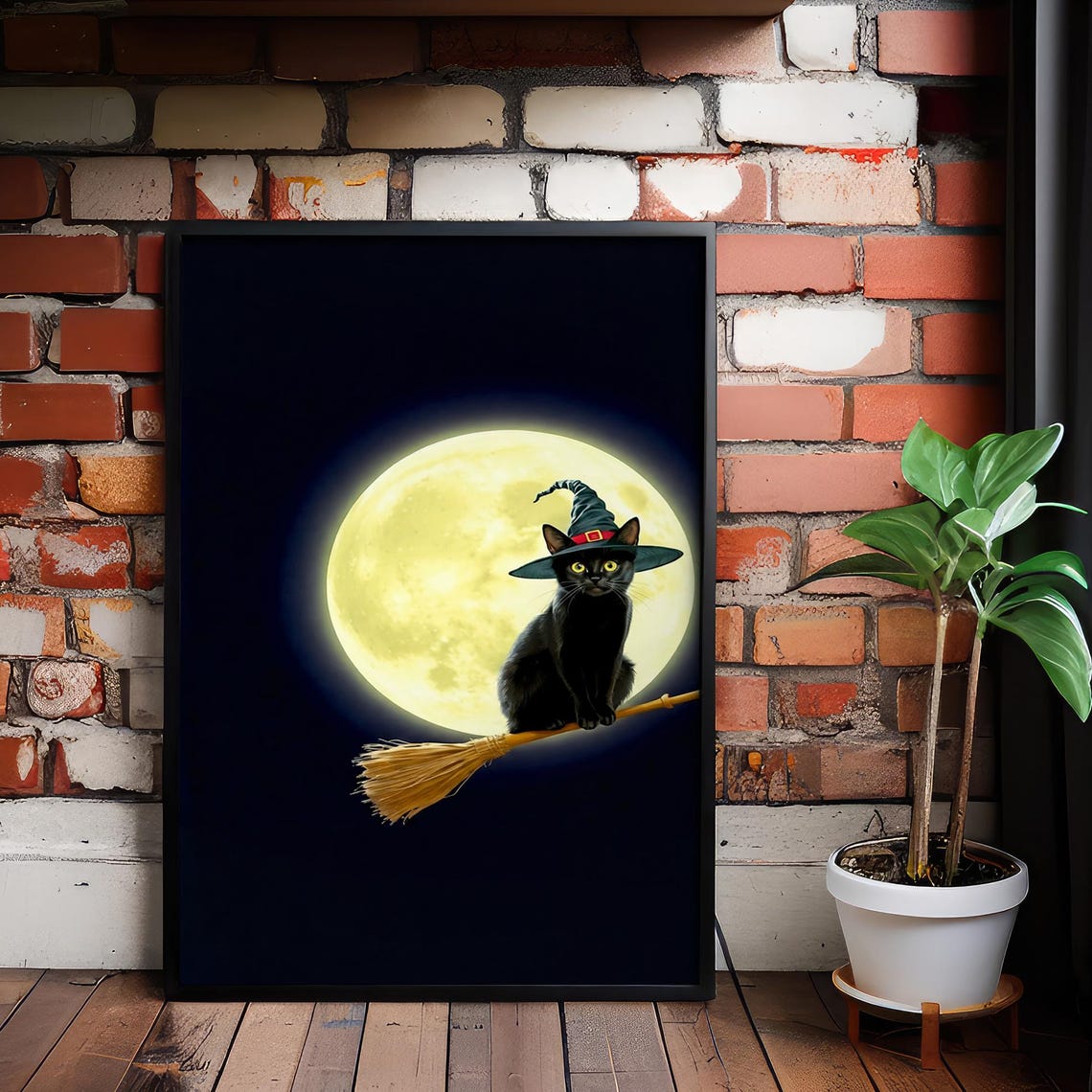 Halloween Cat Canvas Art Black Kitty Witch Print Kids Room Decor