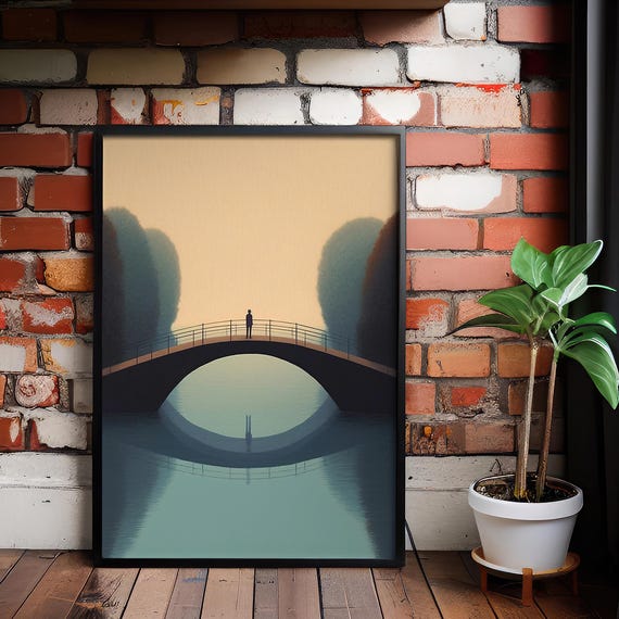 Solitude On The Bridge Minimalist Reflection Poster With Warm Sky And Peaceful Water Scene