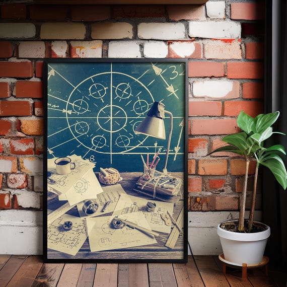 Engineering Desk Print Industrial Blueprint Wall Art Mechanical Drafting Photography Postervintage Poster