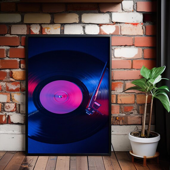 Neon Vinyl Record Spinning Close Up Pink Blue Glow Music Poster