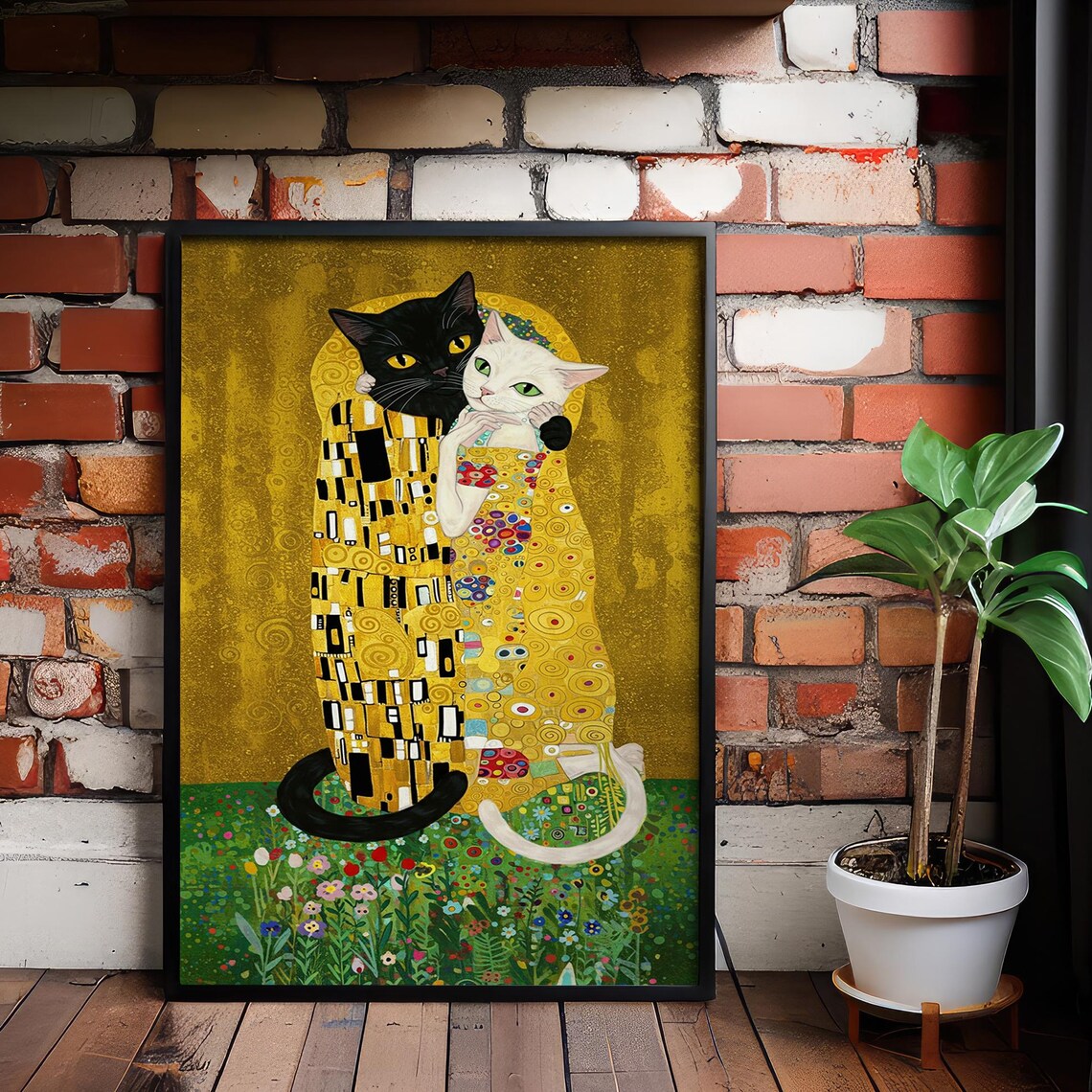 Gustav Klimt The Kiss Cat Couple Golden Romantic Style Poster