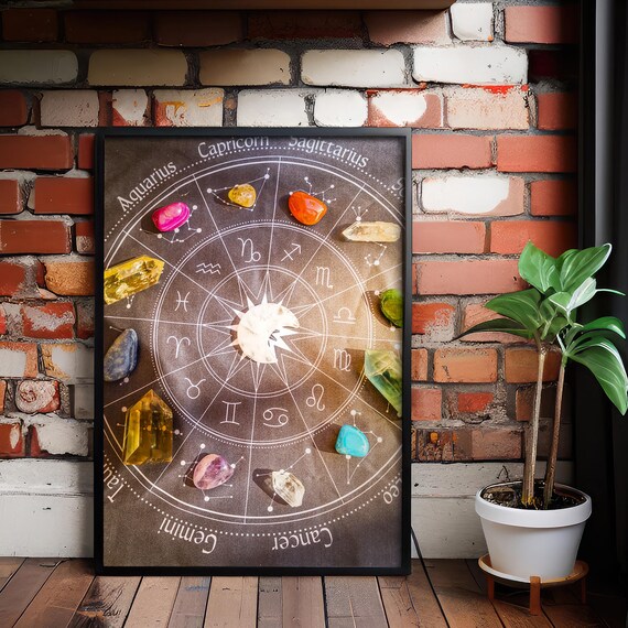 Zodiac Crystal Grid Canvas Print Astrology Gemstone Wall Art
