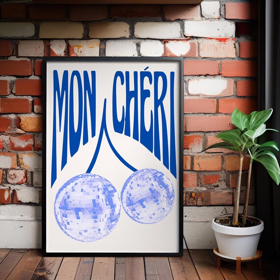 Mon Cheri Blue Disco Ball Cherries Retro French Typography Poster