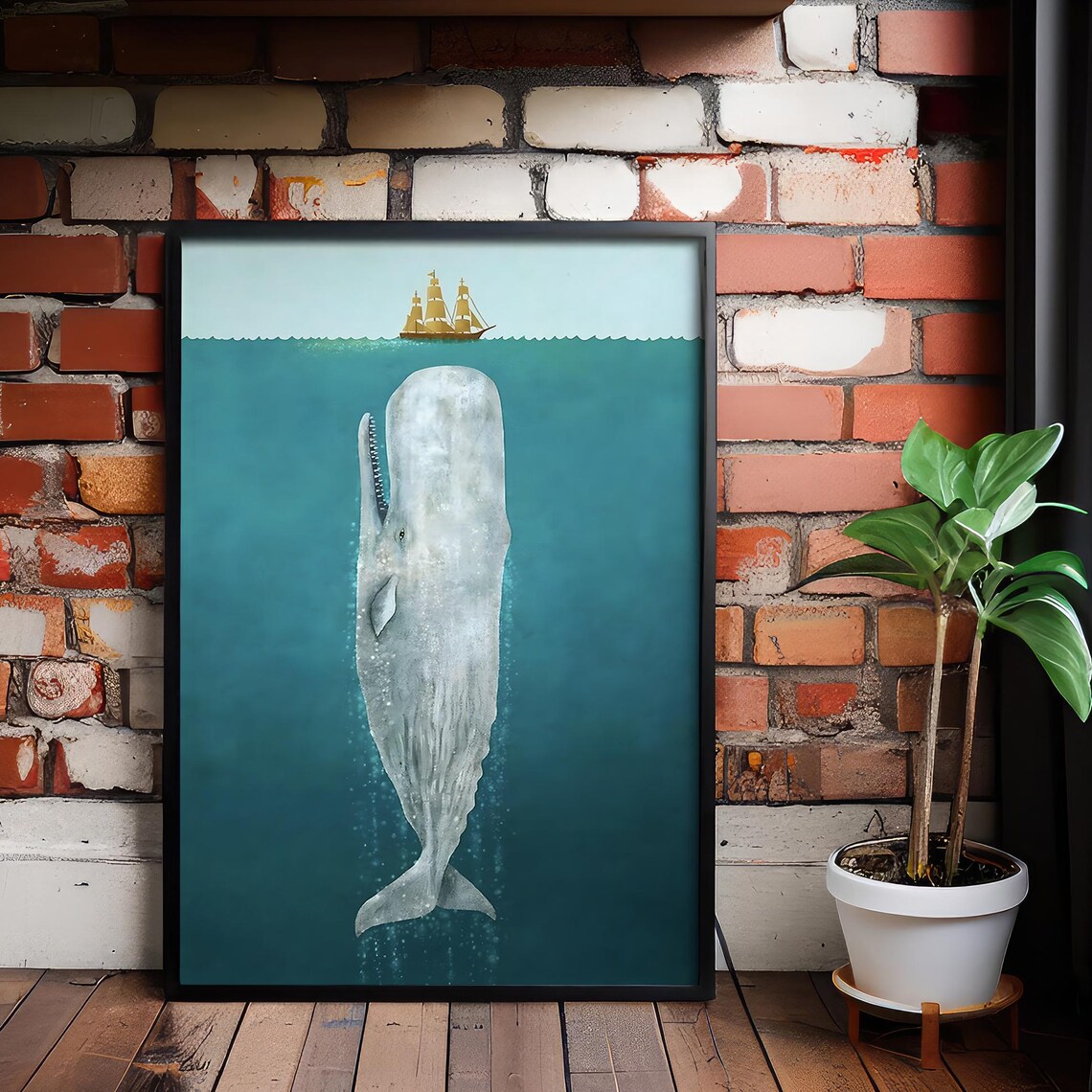 Whale And Ship Canvas Art Vintage Ocean Scene Ready To Hang
