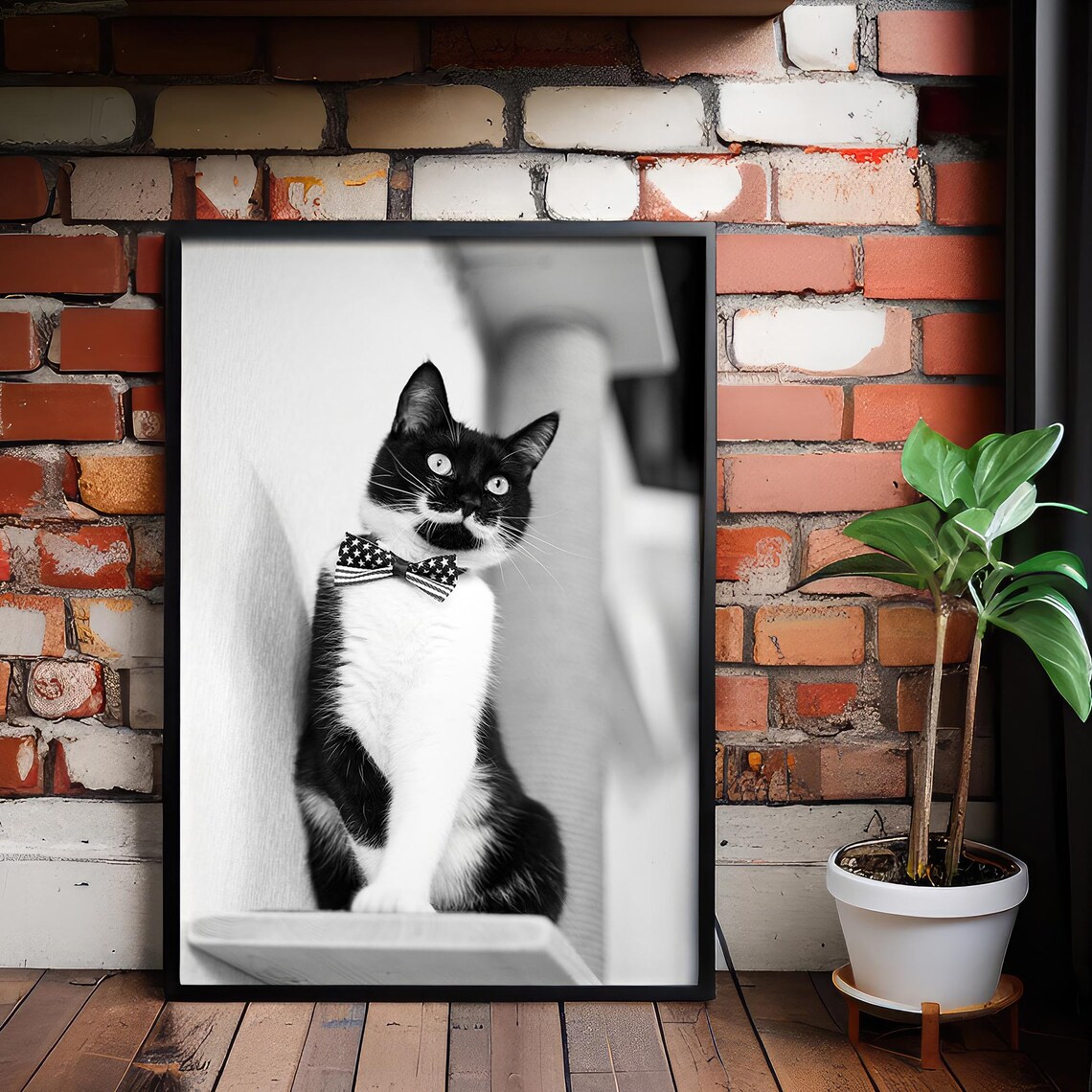 Black and White Tuxedo Cat Wearing Bow Tie Whimsical Pet Photo Poster