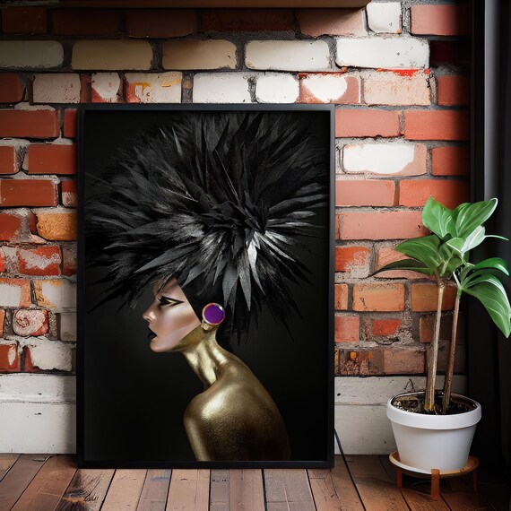 Avant Garde Gold Woman Black Feather Headdress Fashion Profile Art Poster