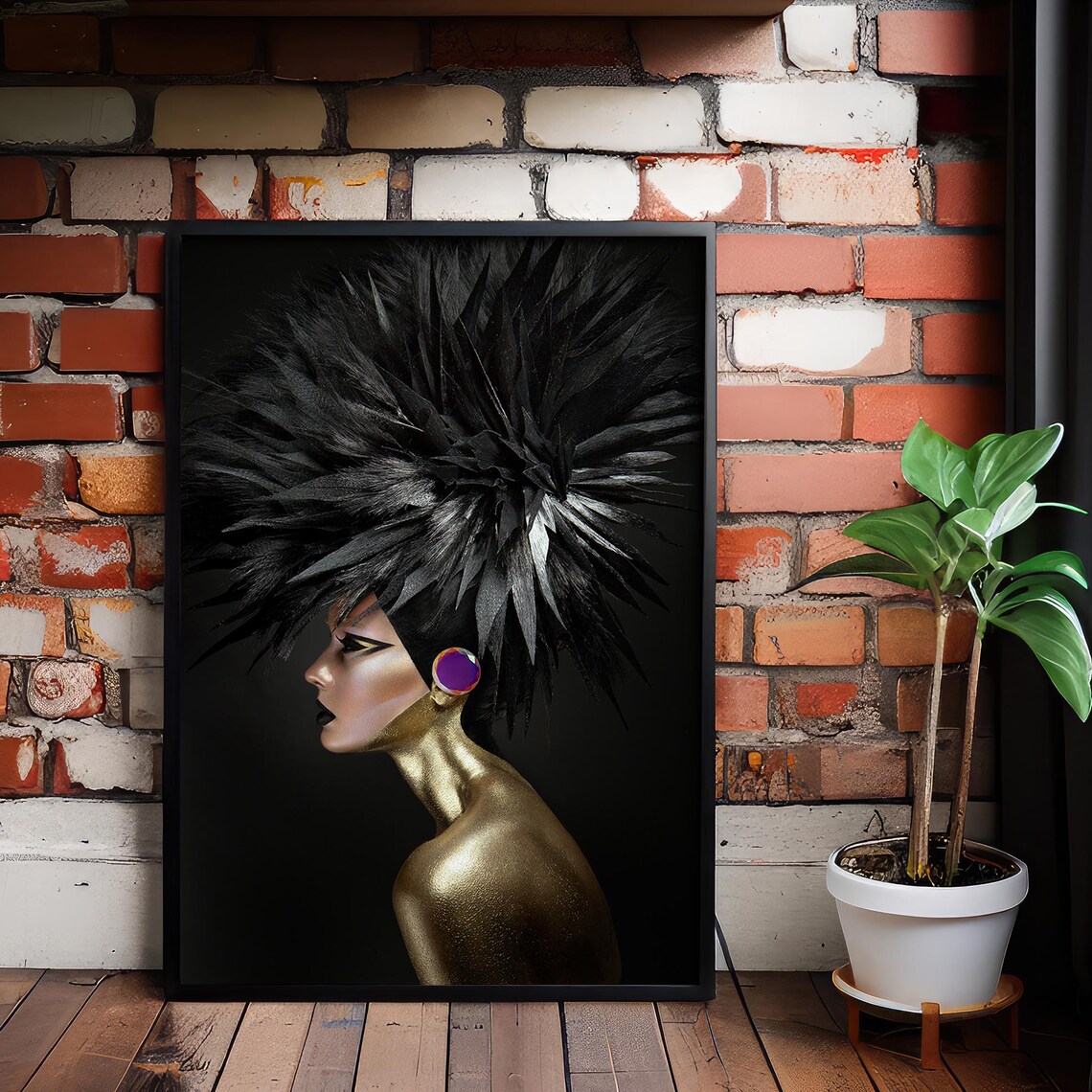 Avant Garde Gold Woman Black Feather Headdress Fashion Profile Art Poster