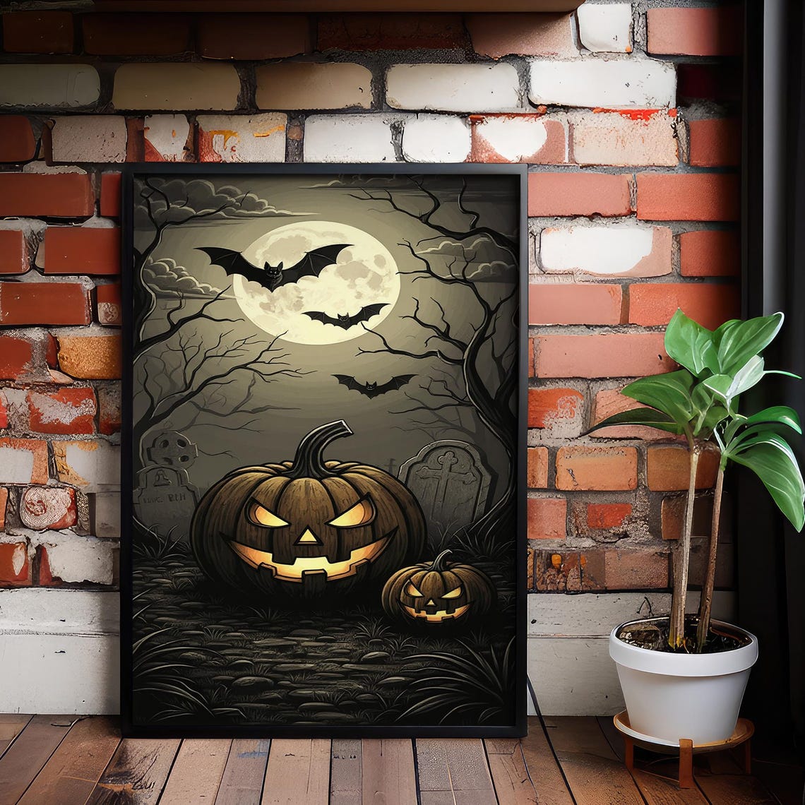 Spooky Halloween Graveyard Jackolantern Bats Full Moon Poster Art