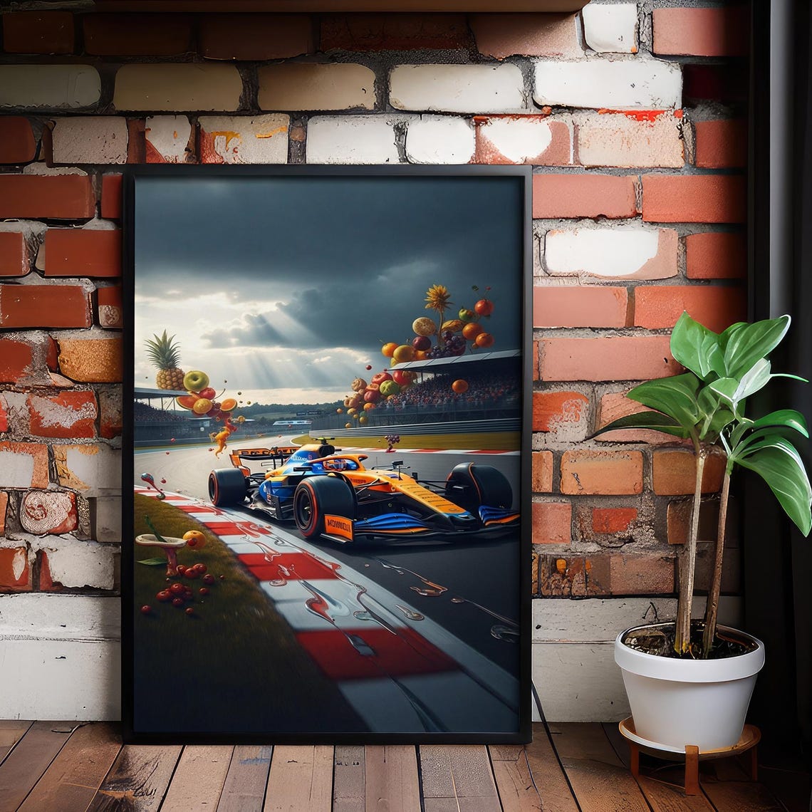 Formula Racing Car Drifting Exploding Fruit Surreal Art Poster