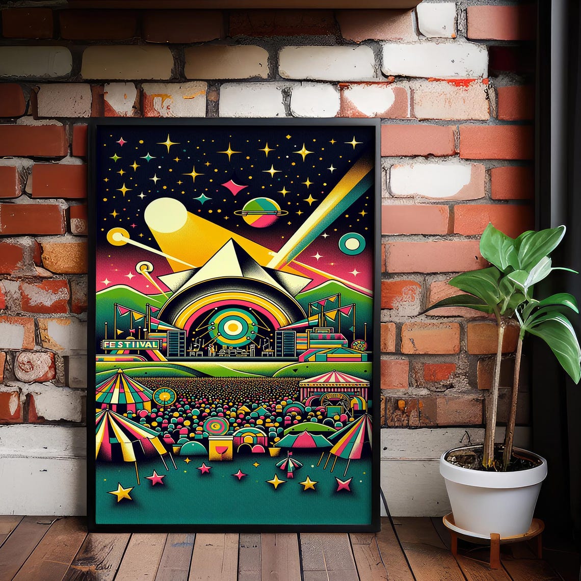 Psychedelic Cosmic Music Festival Night Stage Crowd Poster Art