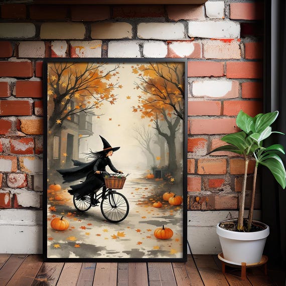 Spooky Halloween Wall Art Vintage Witch Bicycle Canvas Print
