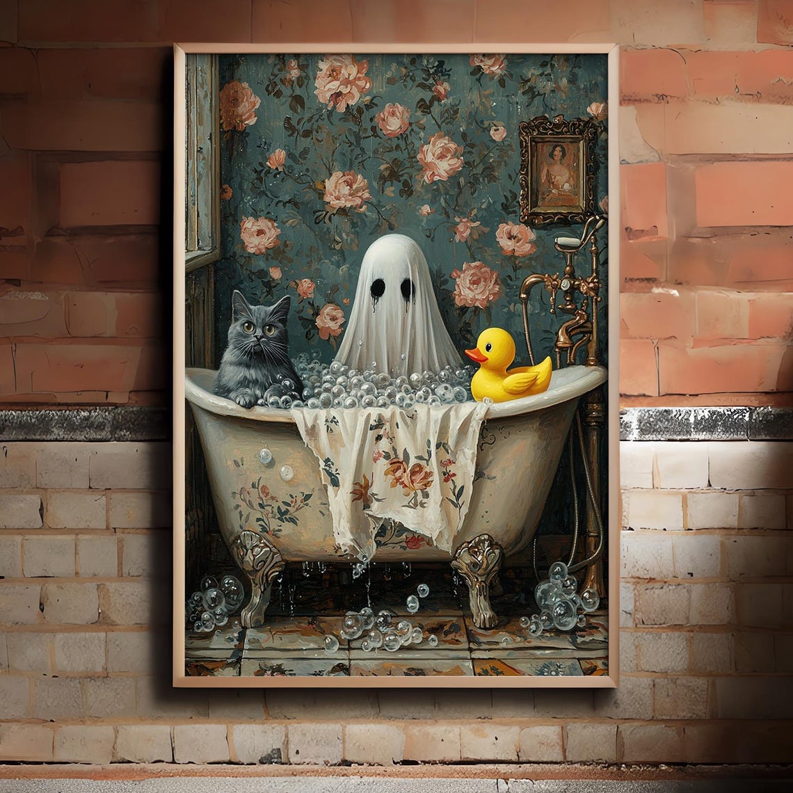 Halloween Ghost Cat Duck Bubble Bath Spooky Cute Bathroom Poster