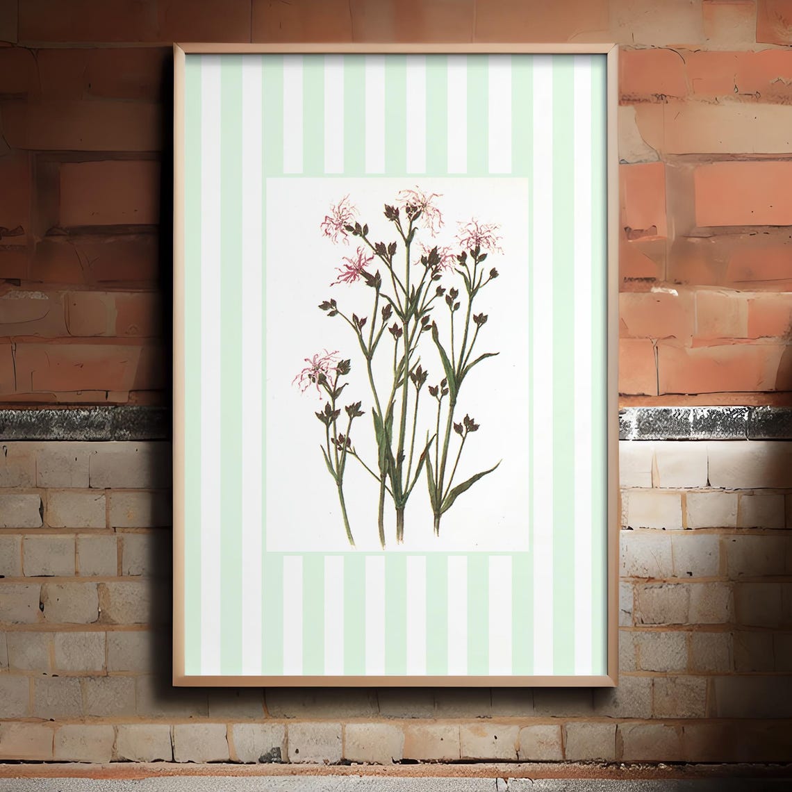Pink Wildflowers Botanical Illustration Green Striped Decor Poster