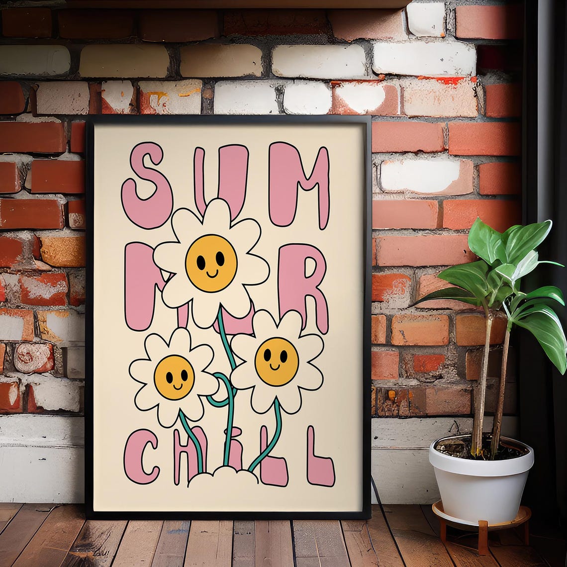 Summer Chill Retro Daisy Smiley Flowers Pink Groovy Decor Poster
