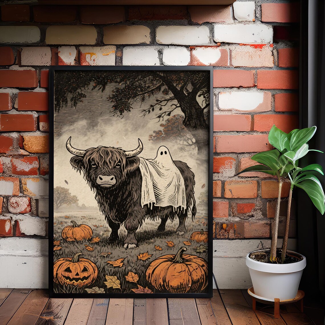 Halloween Highland Cow Ghost Pumpkins Vintage Engraving Style Poster