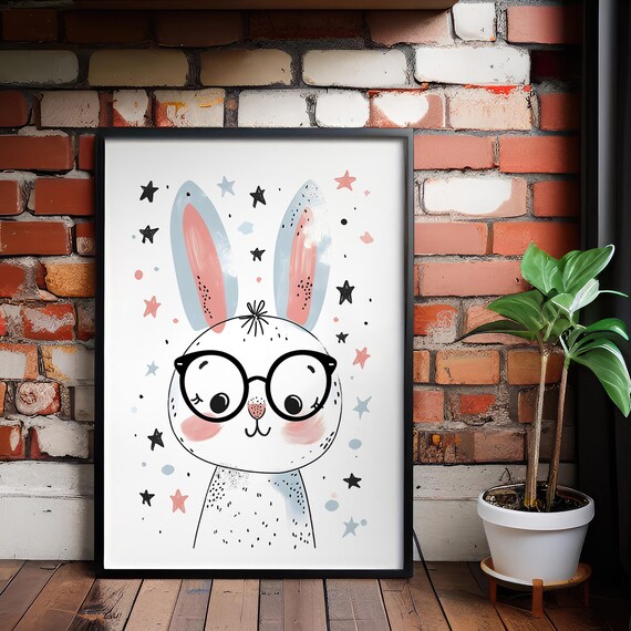 Cute Bunny With Glasses Wall Art Kids Nursery Starry Night Illustration