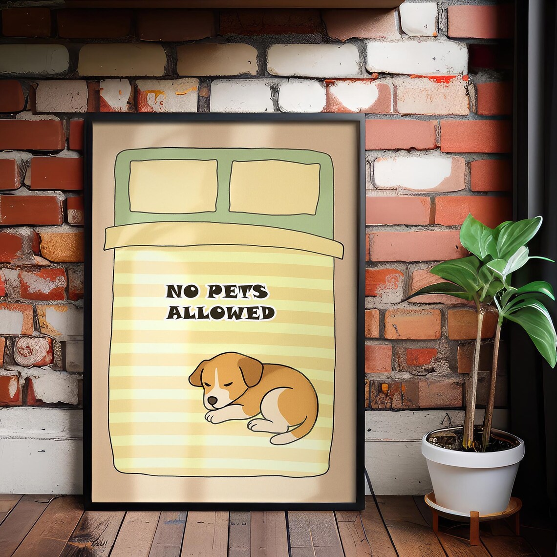 No Pets Allowed Funny Sleeping Puppy Cartoon Dog Bed Humor Poster