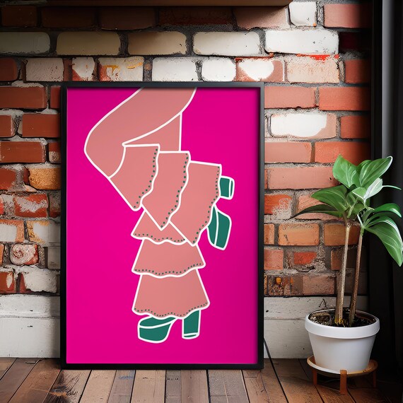 Flamenco Legs Poster Stylized Dress Heels On Pink Background For Bold Fashion Wall Art Danceinspired Gift Decor