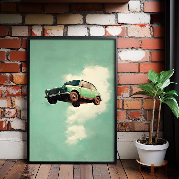 Flying Car Poster Surreal Vintage Vehicle Art With Teal Sky And Dreamlike Cloudscape