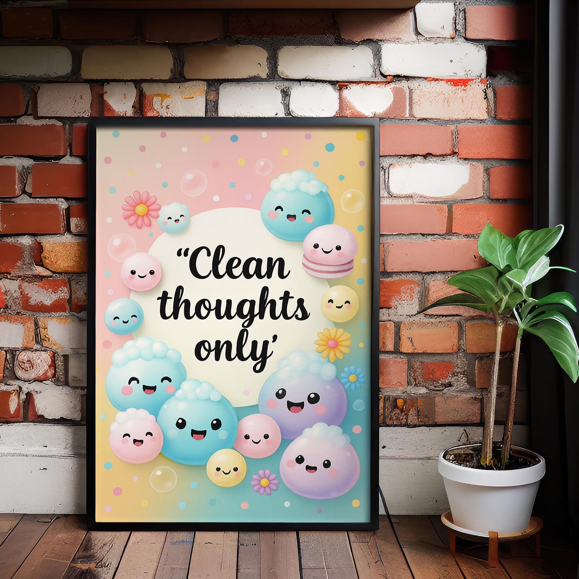 Clean Thoughts Only Cute Pastel Bubbles Bathroom Quote Art Poster