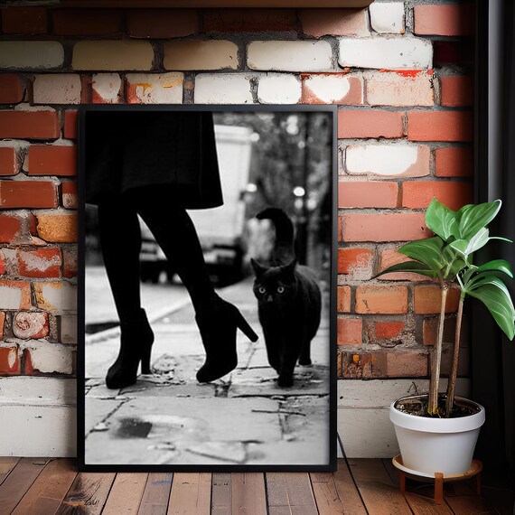 Black Cat High Heel Canvas Print Urban Noir Witchy Decor