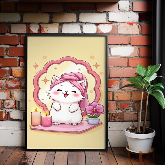 Kawaii White Cat Spa Towel Turban Pastel Pink Cute Poster Art