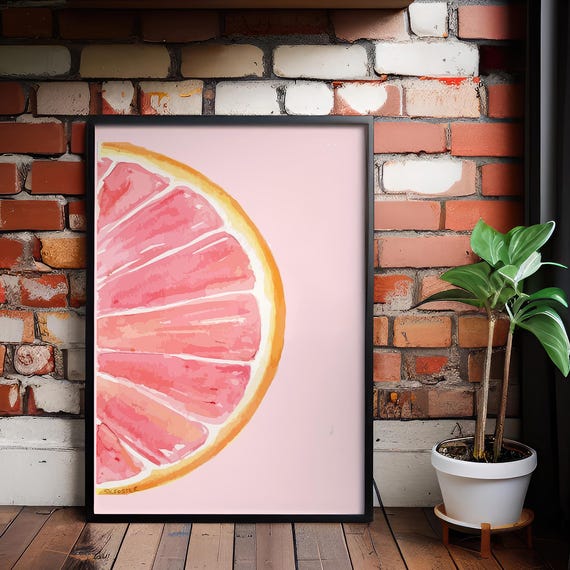 Grapefruit Slice Poster Minimalist Fruit Wall Art With Pink Citrus On Soft Background