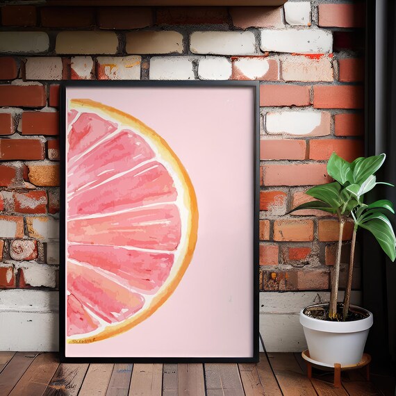 Pink Grapefruit Slice Watercolor Citrus Minimalist Kitchen Art Poster