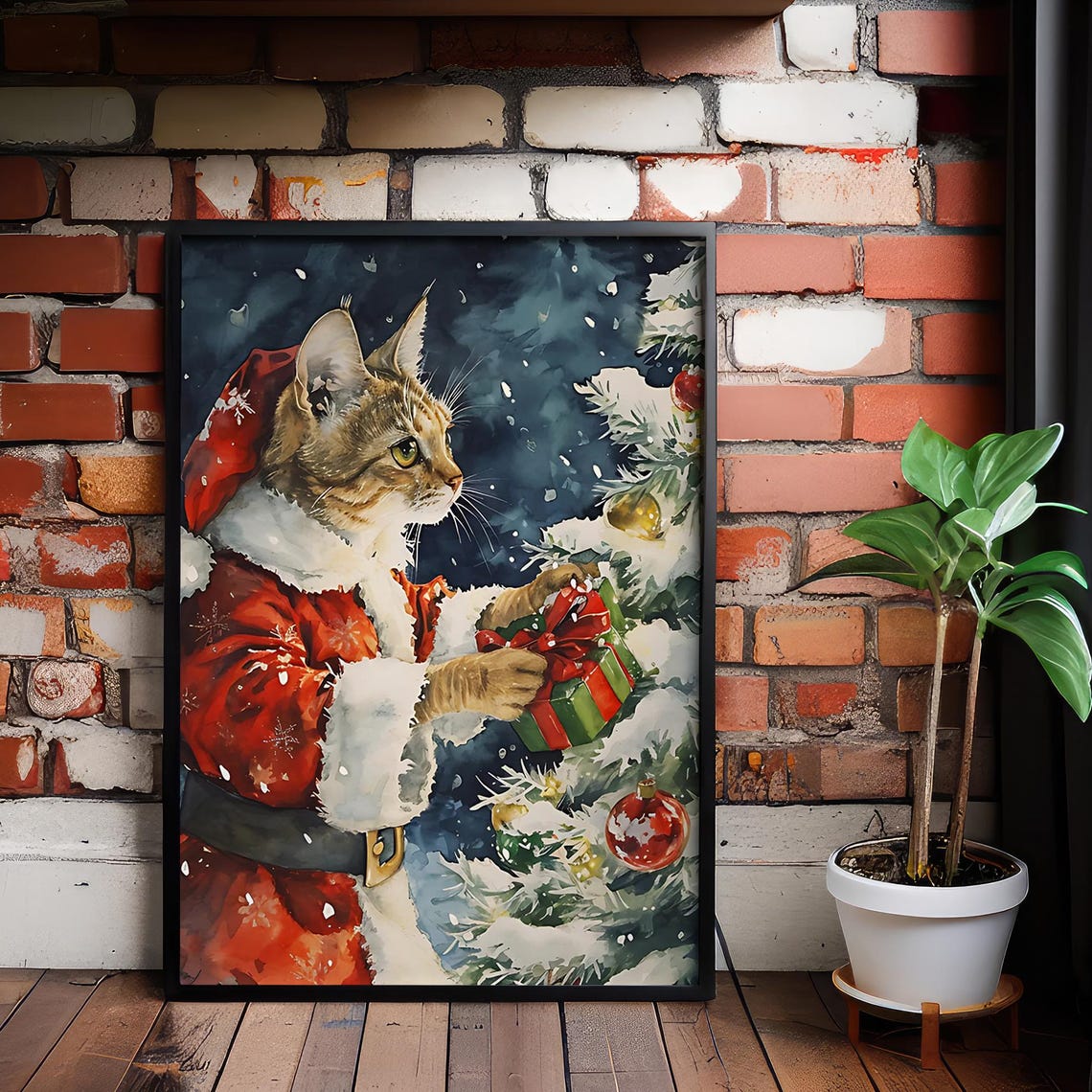 Santa Cat Christmas Gift Snowy Tree Watercolor Holiday Art Poster