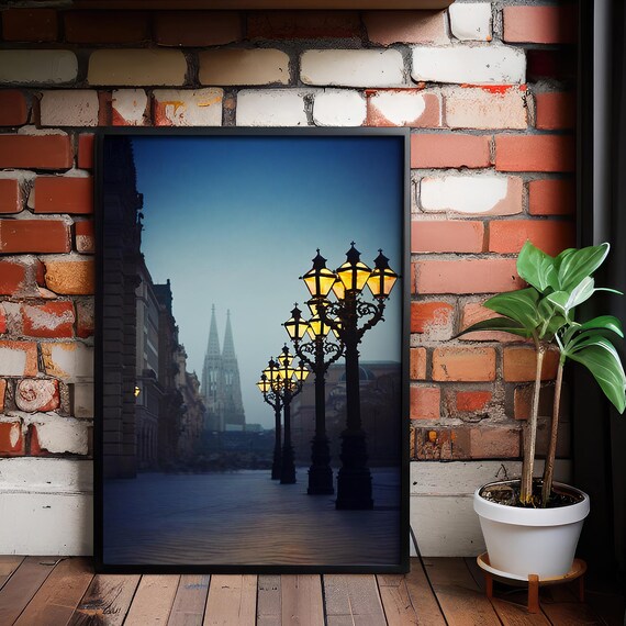 Misty Gothic Cathedral Street Lamps Night City Scene Decor Poster