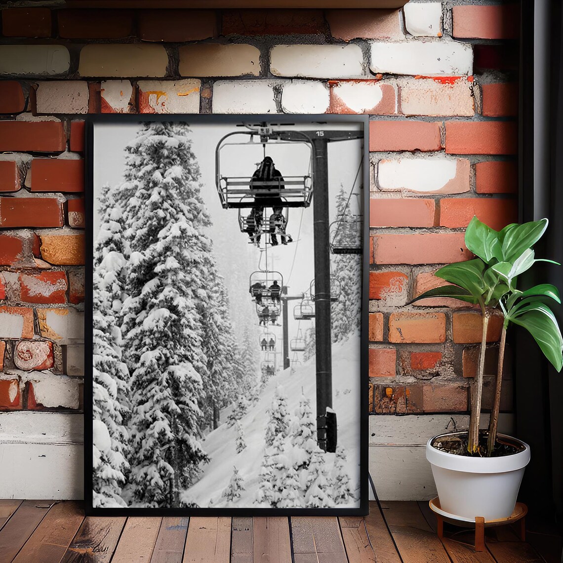 Vintage Ski Chairlift Snowy Pines Lodge Black White Photo Poster