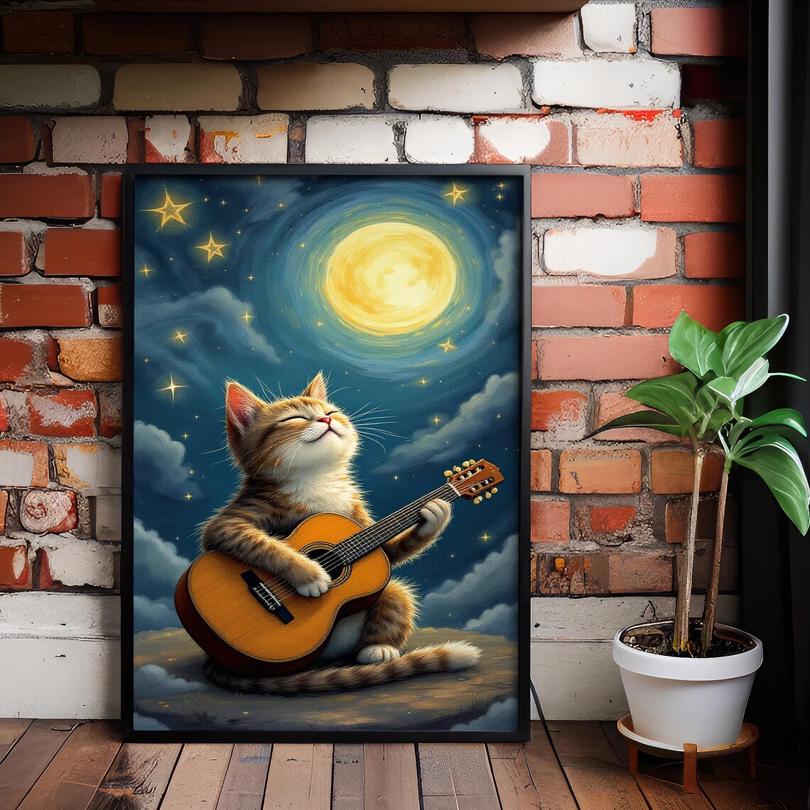 Cat Playing Guitar Under Full Moon In Starry Night Art Poster