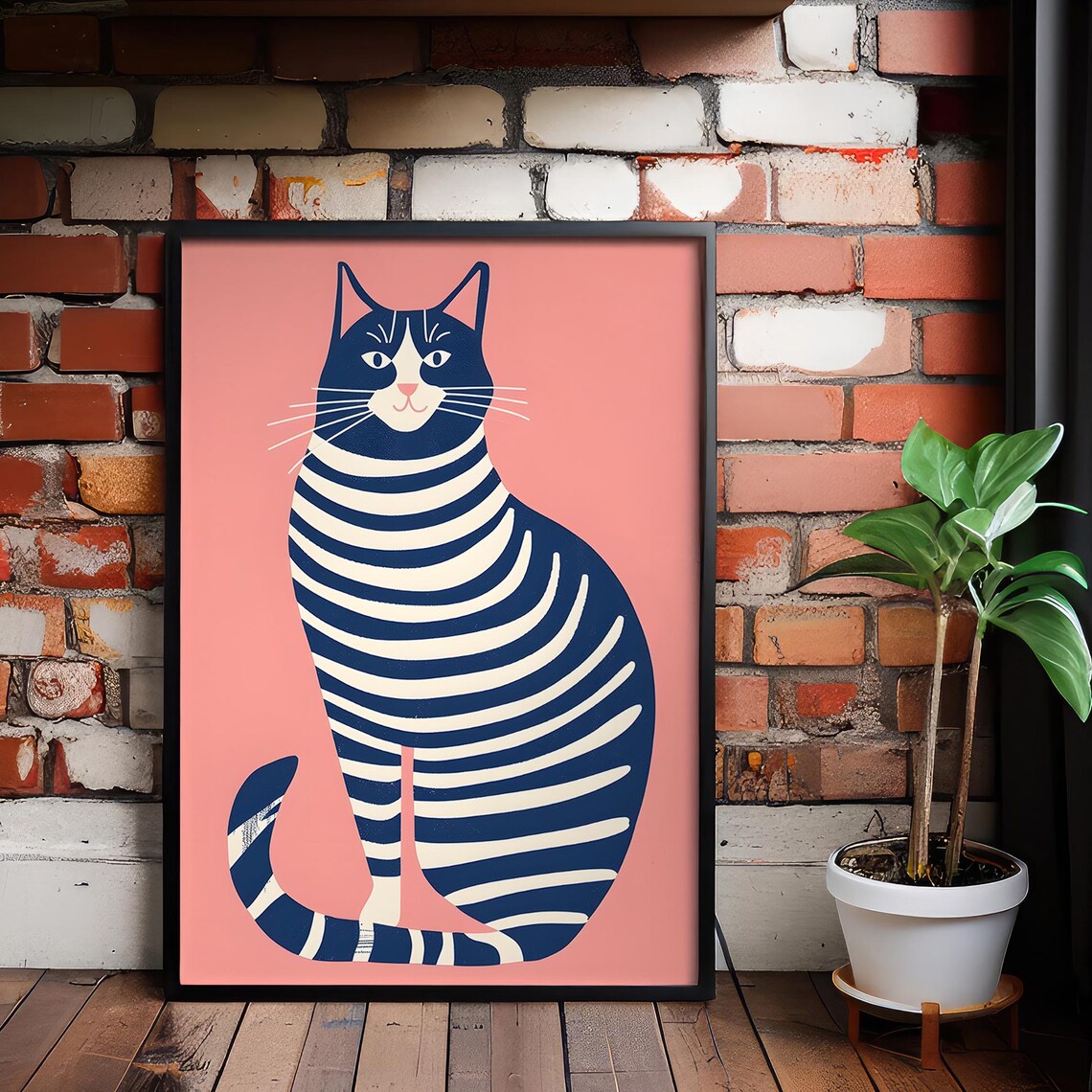 Striped Navy Cat On Pink Minimalist Feline Illustration Poster
