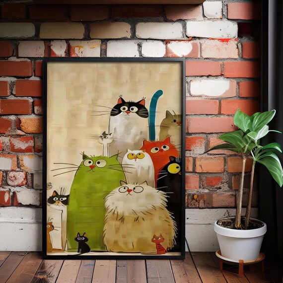 Whimsical Funny Cartoon Cats Group Colorful Nursery Art Poster