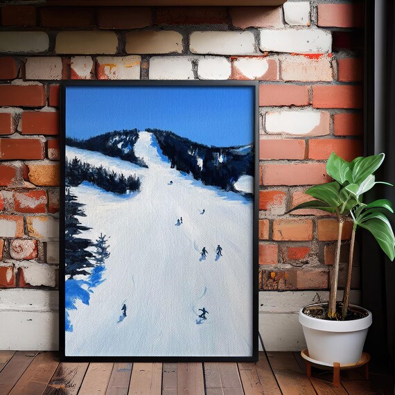 Vintage Ski Slope Skiers Painting Blue Mountain Winter Sports Poster