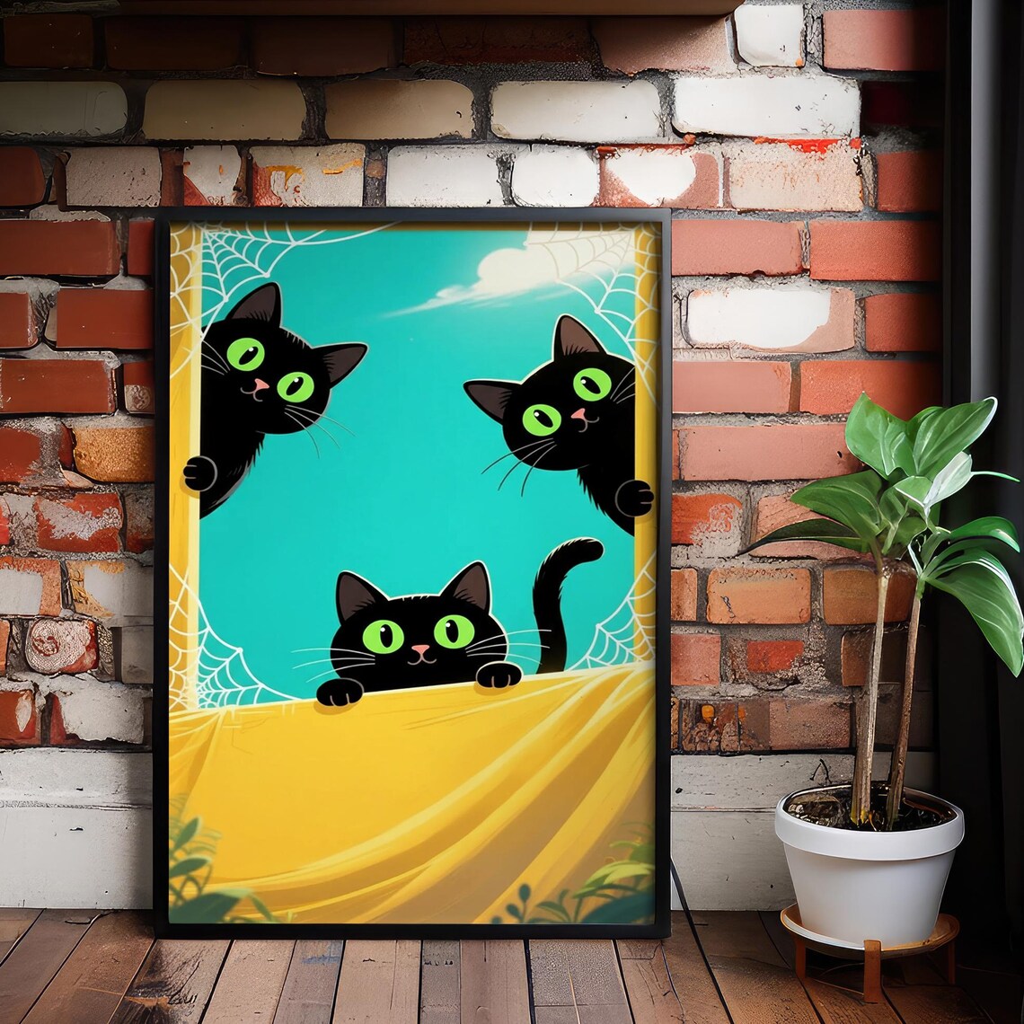 Three Black Cats Green Eyes Peekaboo Whimsical Cat Art Poster