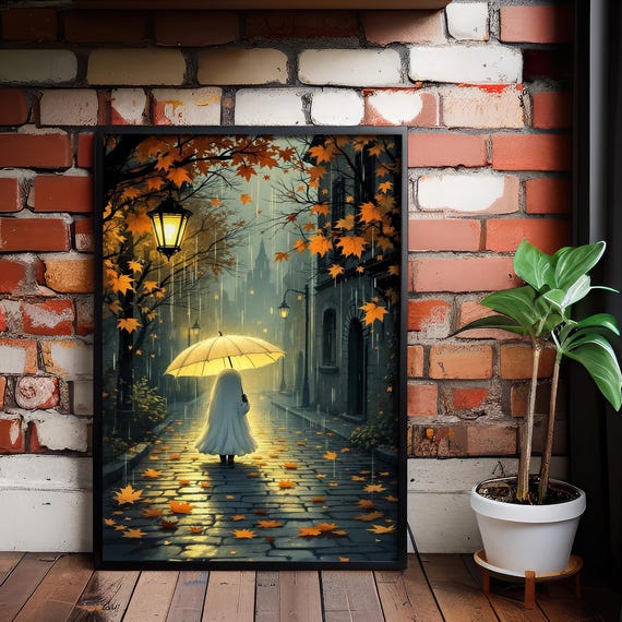 Halloween Print Autumn Rain Umbrella Poster Dark Academia