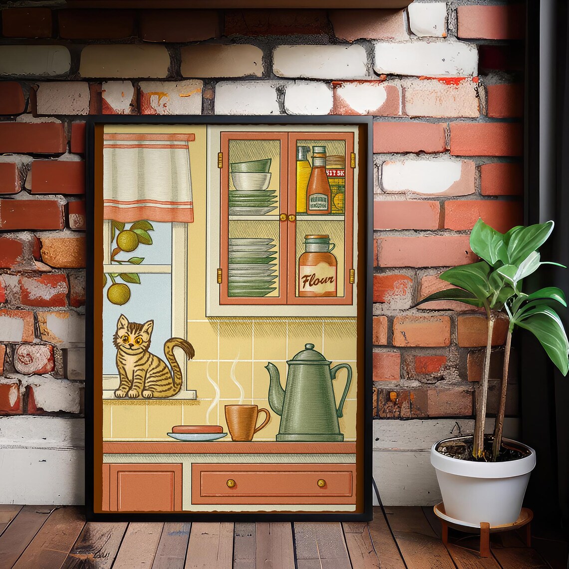 Retro Kitchen Cat On Windowsill Coffee Pot Vintage Style Poster