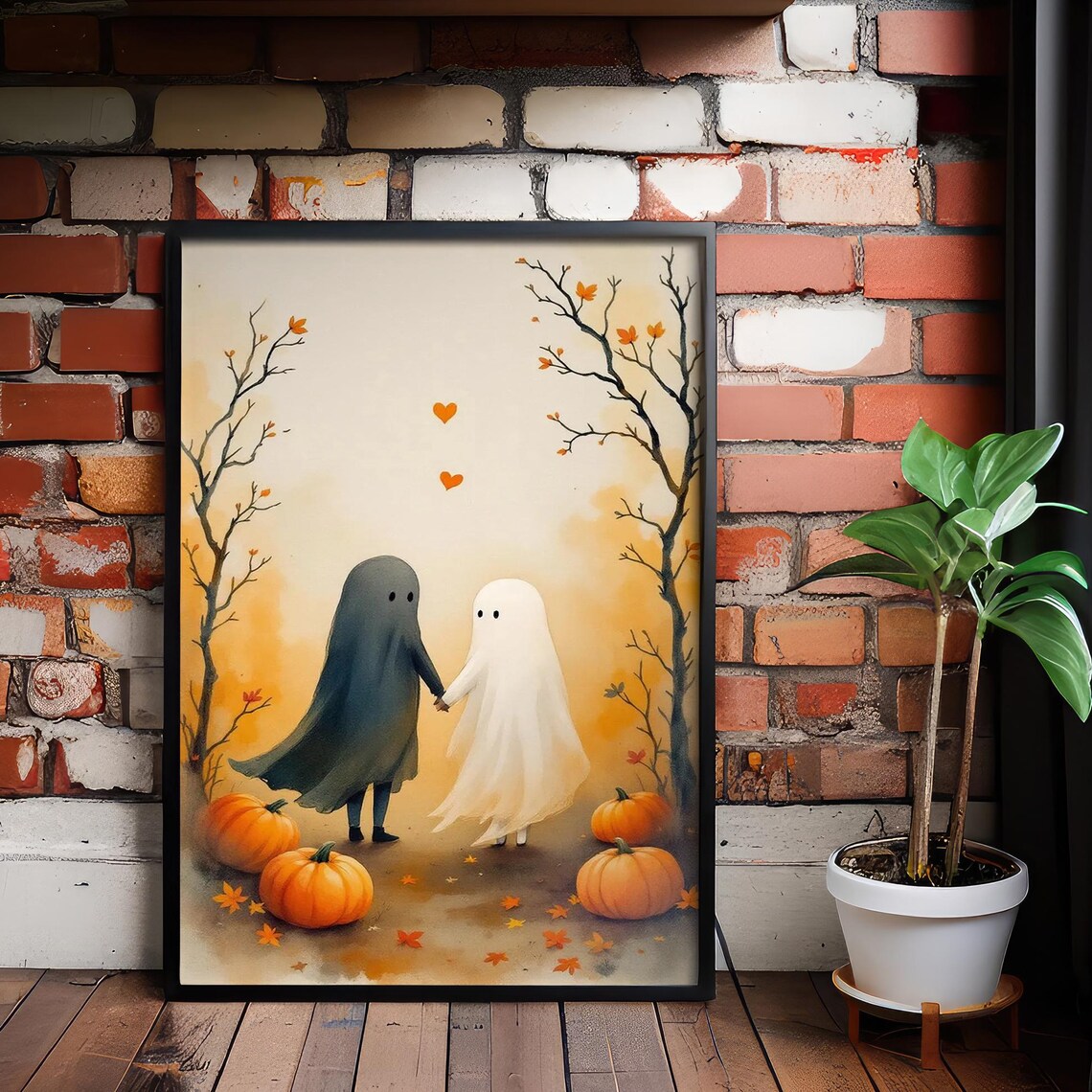 Cute Ghost Couple Holding Hands with Pumpkins Halloween Poster