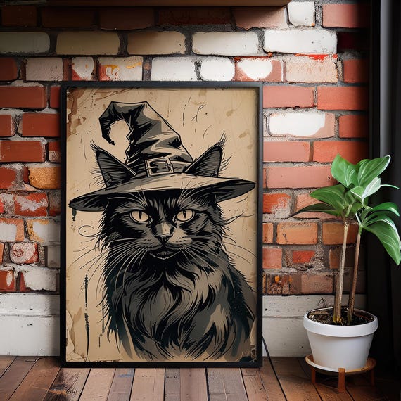 Vintage Halloween Black Cat Sketch Print Witchy Home Decor