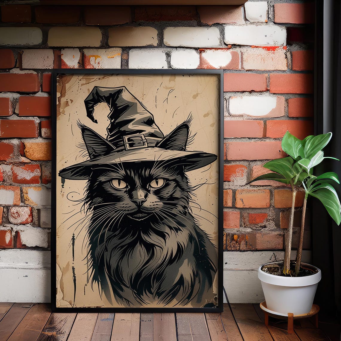 Vintage Halloween Black Cat Sketch Print Witchy Home Decor