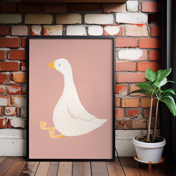 Sitting Duck Poster Whimsical Animal Illustration With Pink Background And Playful Charm