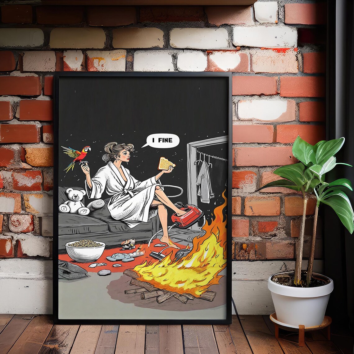 I Fine Funny Dark Humor Cartoon Woman Couch Chaos Fire Poster Art