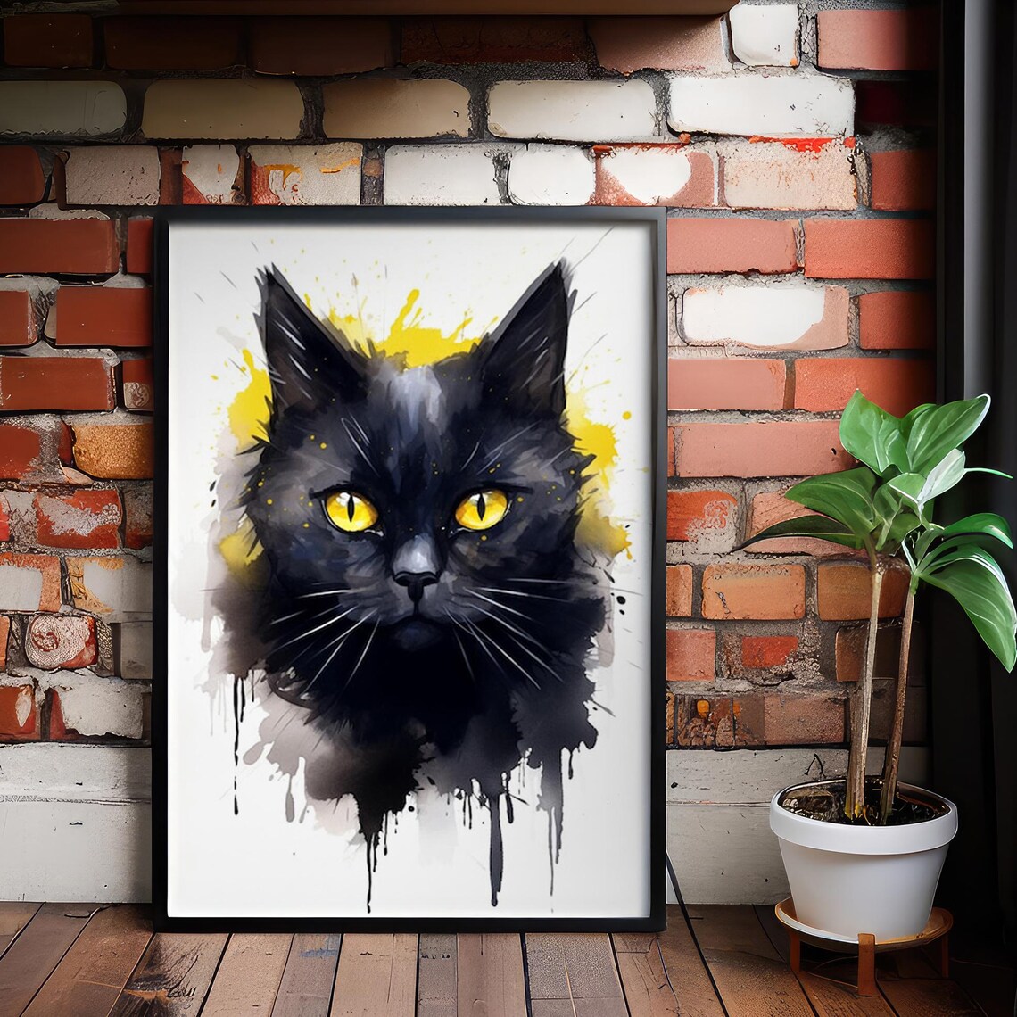 Black Cat Yellow Eyes Watercolor Splash Portrait Mystical Pet Poster