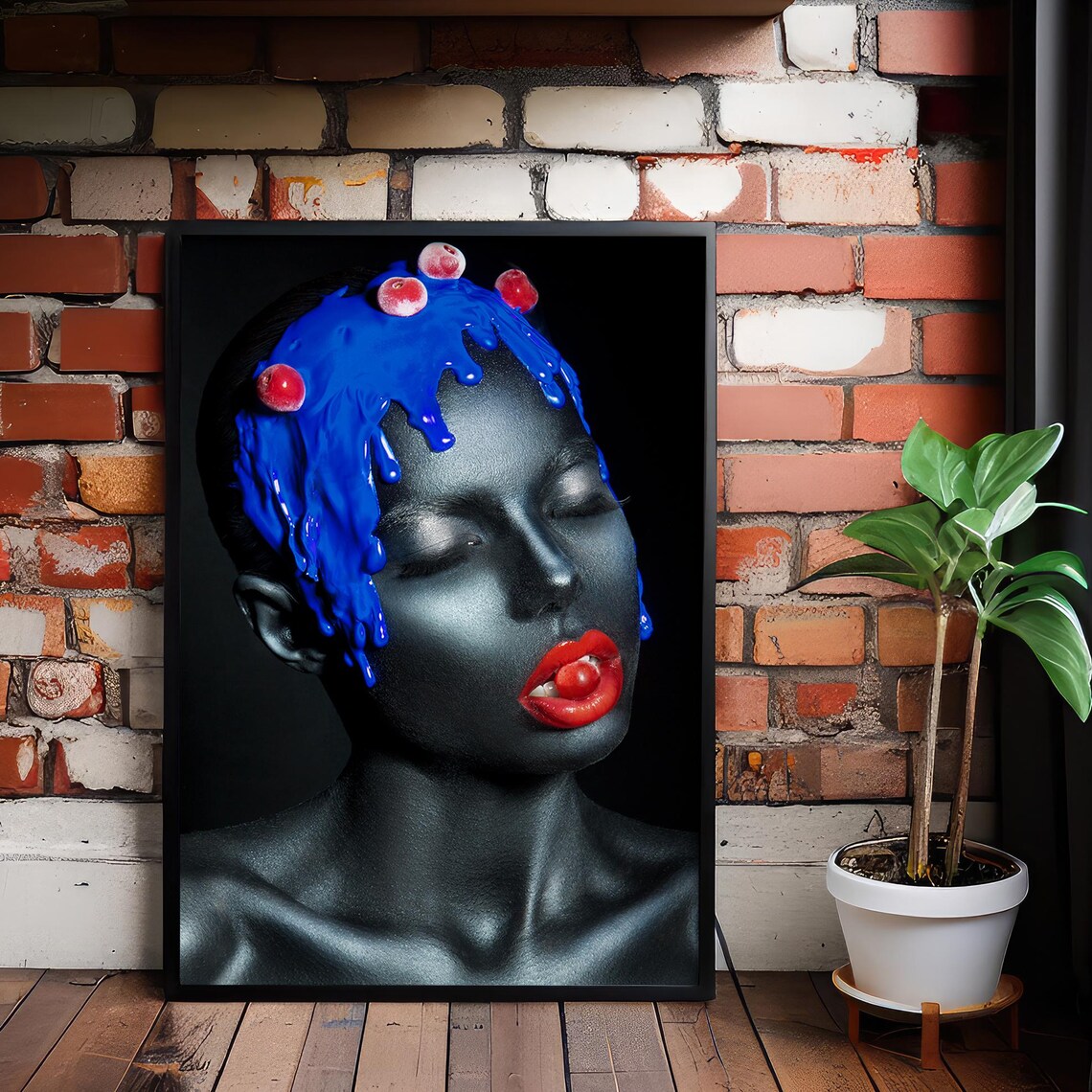 Blue Drip Cherries Black Beauty Portrait Red Lips Avant Garde Photo Poster